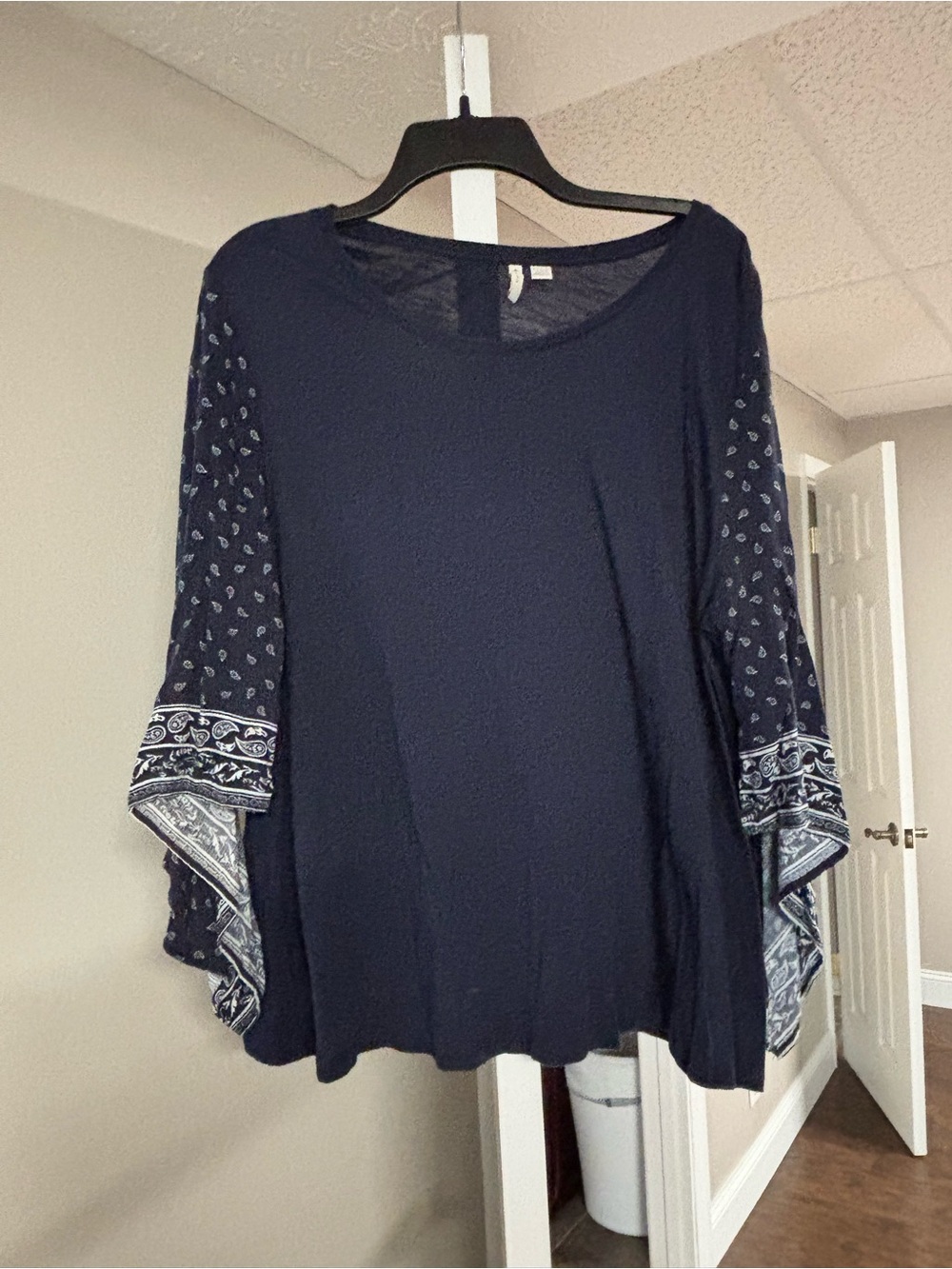 Women's Navy Blue Boho Bell Sleeve Top